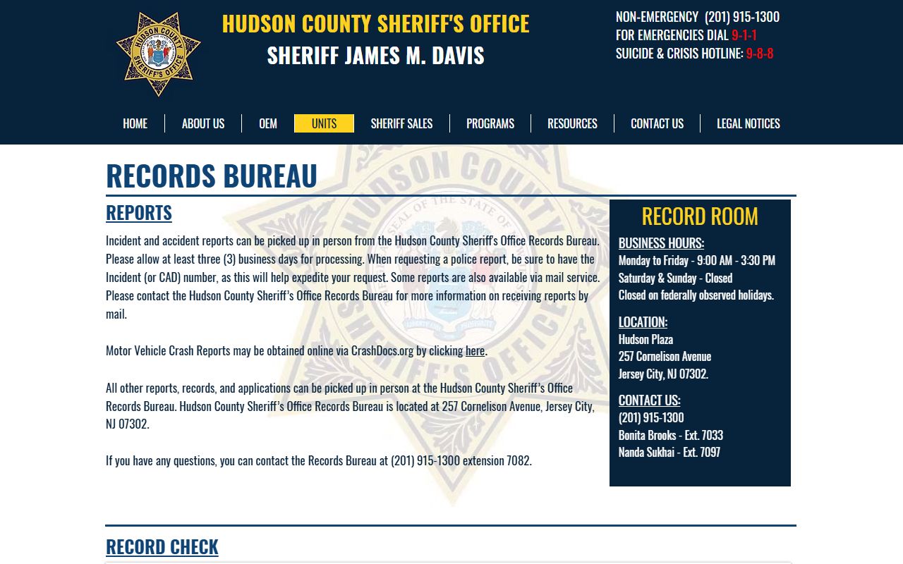 Hudson County Sheriff's Office for Jersey City criminal records