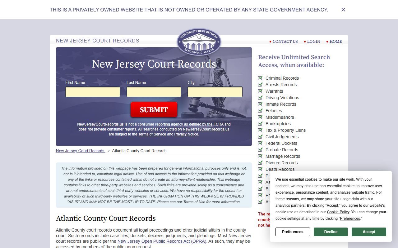 Atlantic County court records access for criminal cases in New Jersey