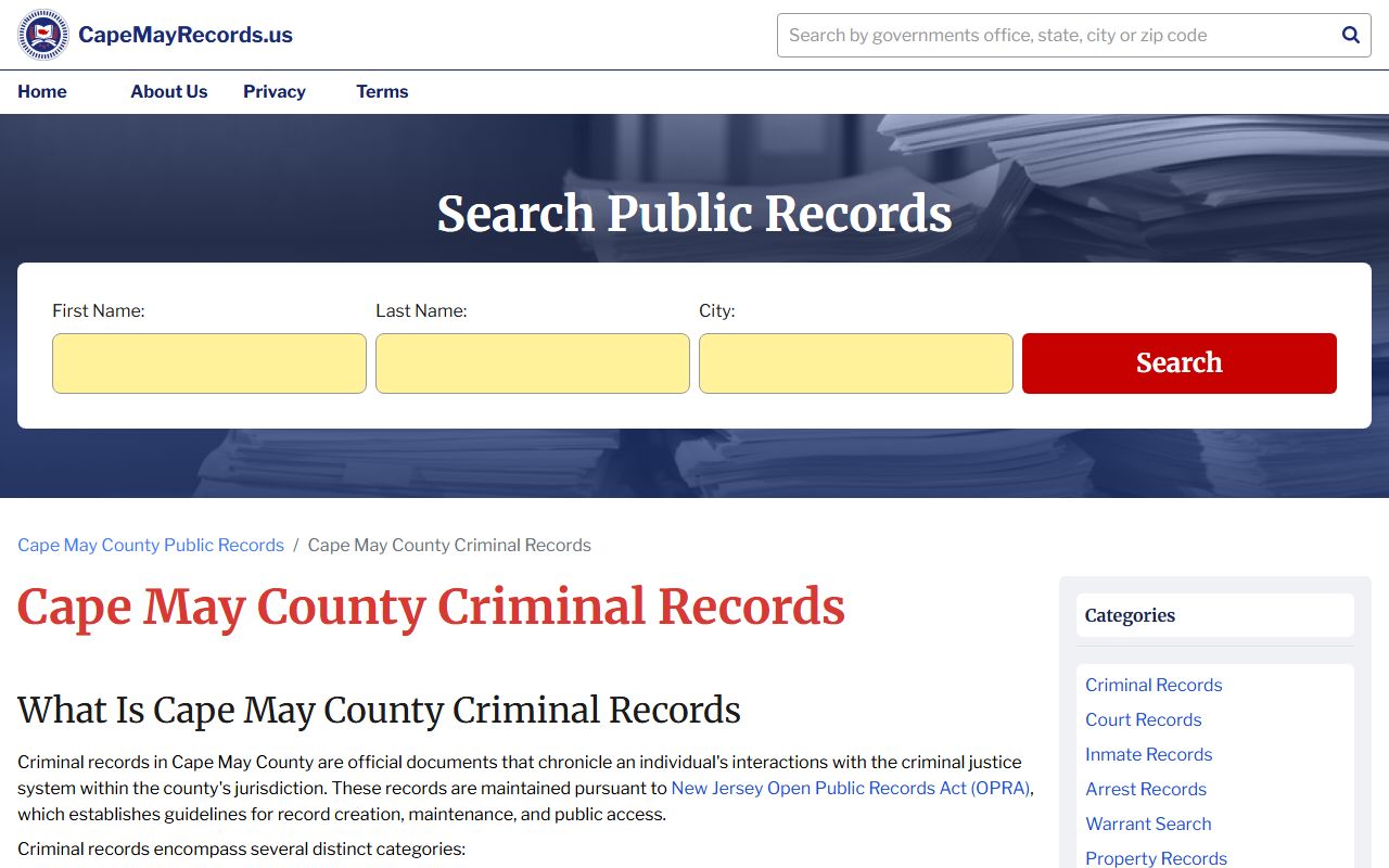 Cape May County criminal records search page