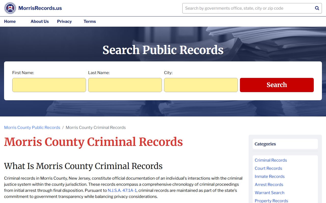 Morris County criminal records search page for court cases in Morristown