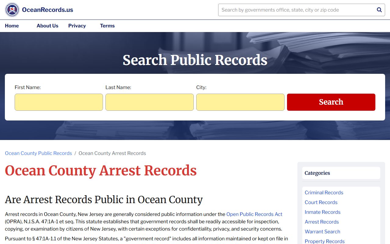 Ocean County arrest records access through the Sheriff and local police