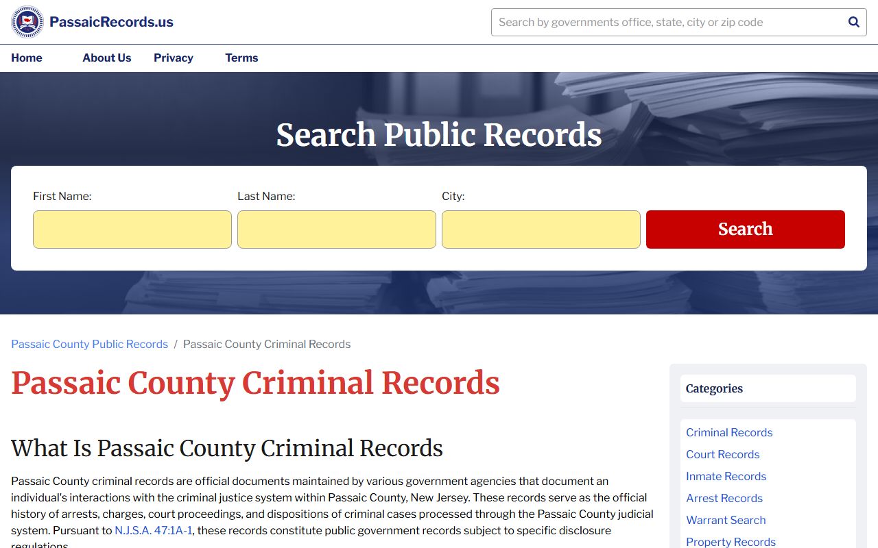 Passaic County criminal records search results from online portal