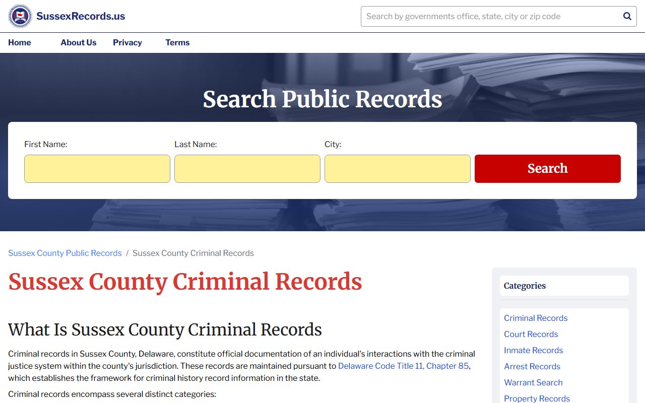 Sussex County criminal records search portal for court cases