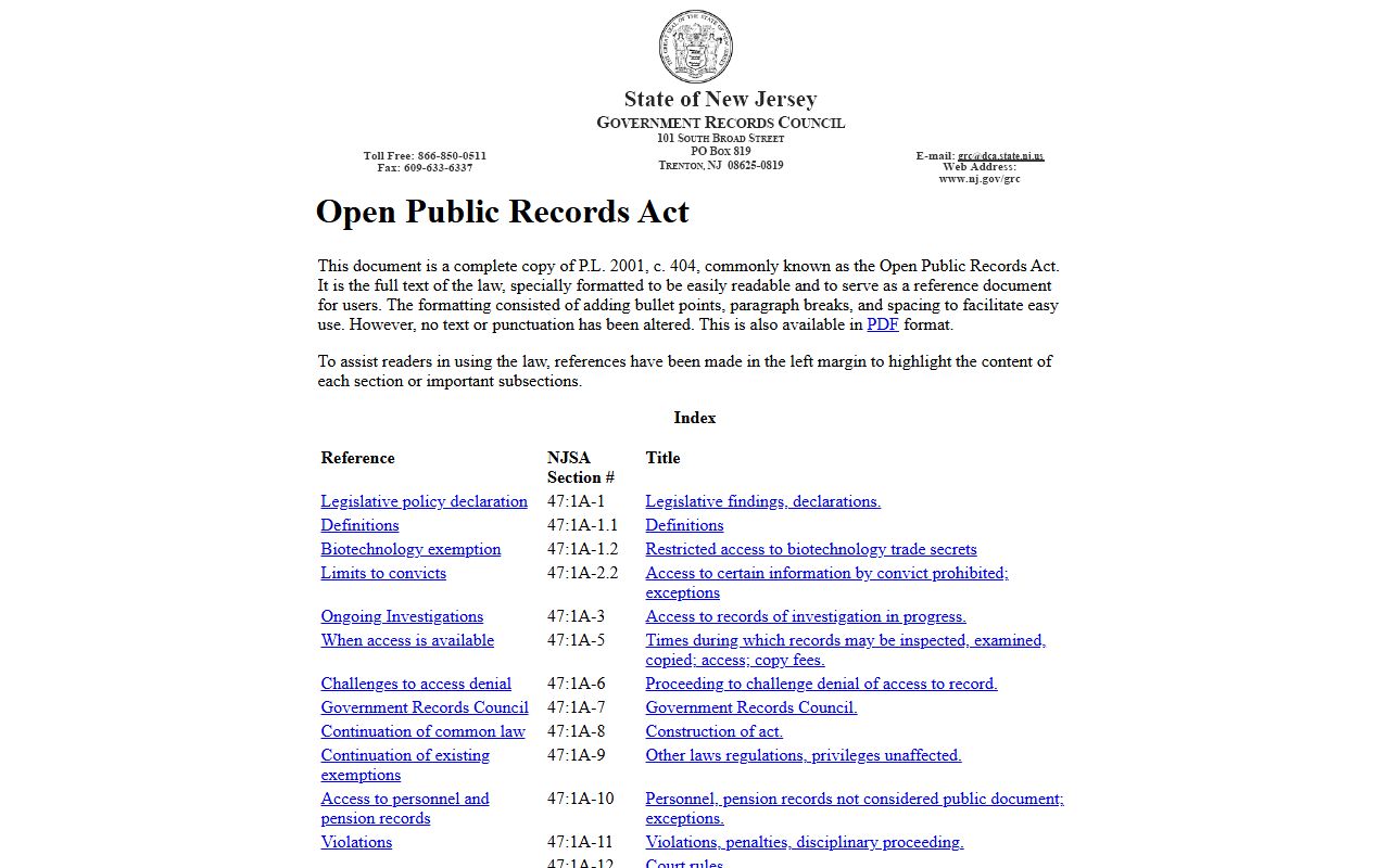 New Jersey Open Public Records Act page for accessing criminal records