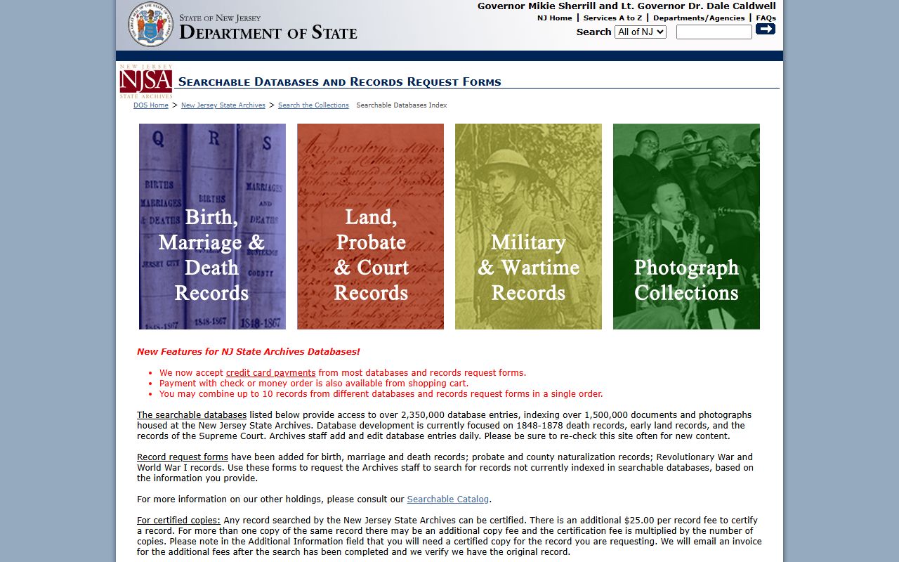 New Jersey State Archives portal for historical criminal records
